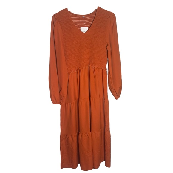 BuyiRen Dresses & Skirts - Brown and Orange Pleated Long Sleeve Sundress‎ NWT